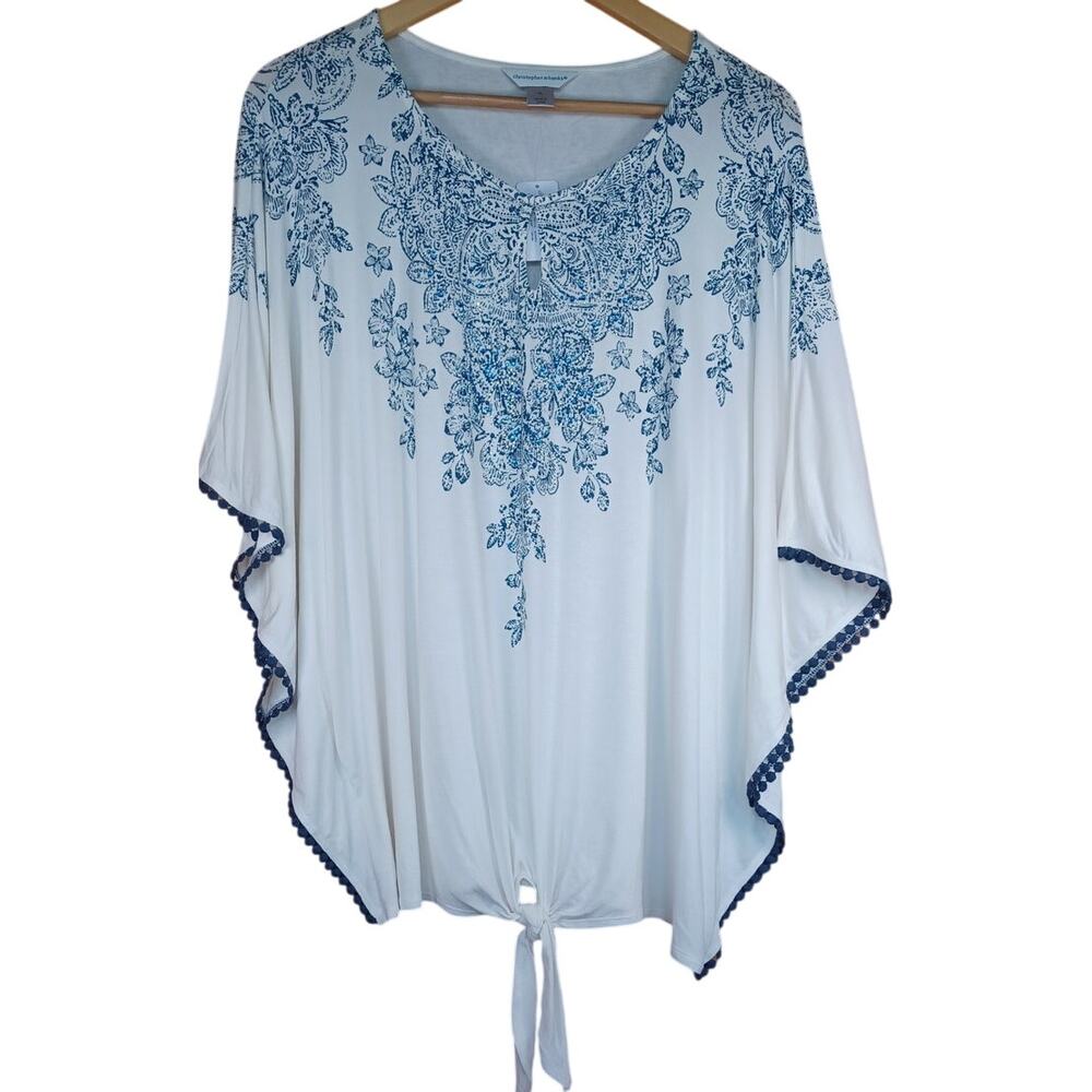 Christopher & Banks White Blue Embellished Boho Poncho Tie Front Top XL - Picture 2 of 10